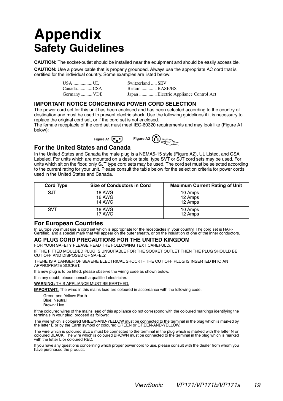 Appendix, Safety guidelines, For the united states and canada | For european countries | VIEWSONIC VP171 User Manual | Page 20 / 22