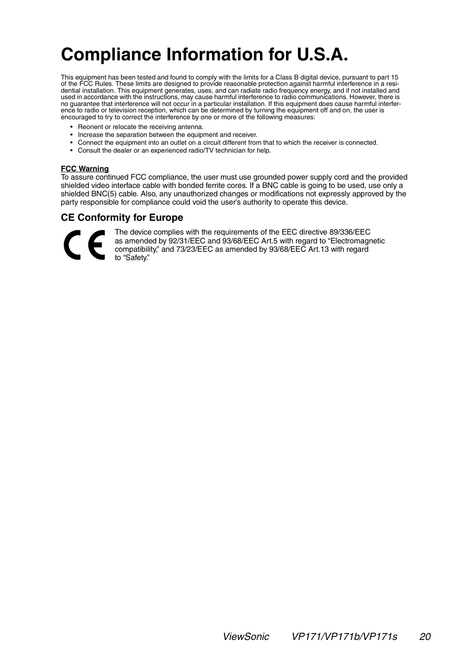 Compliance information for u.s.a | VIEWSONIC VP171 User Manual | Page 21 / 22