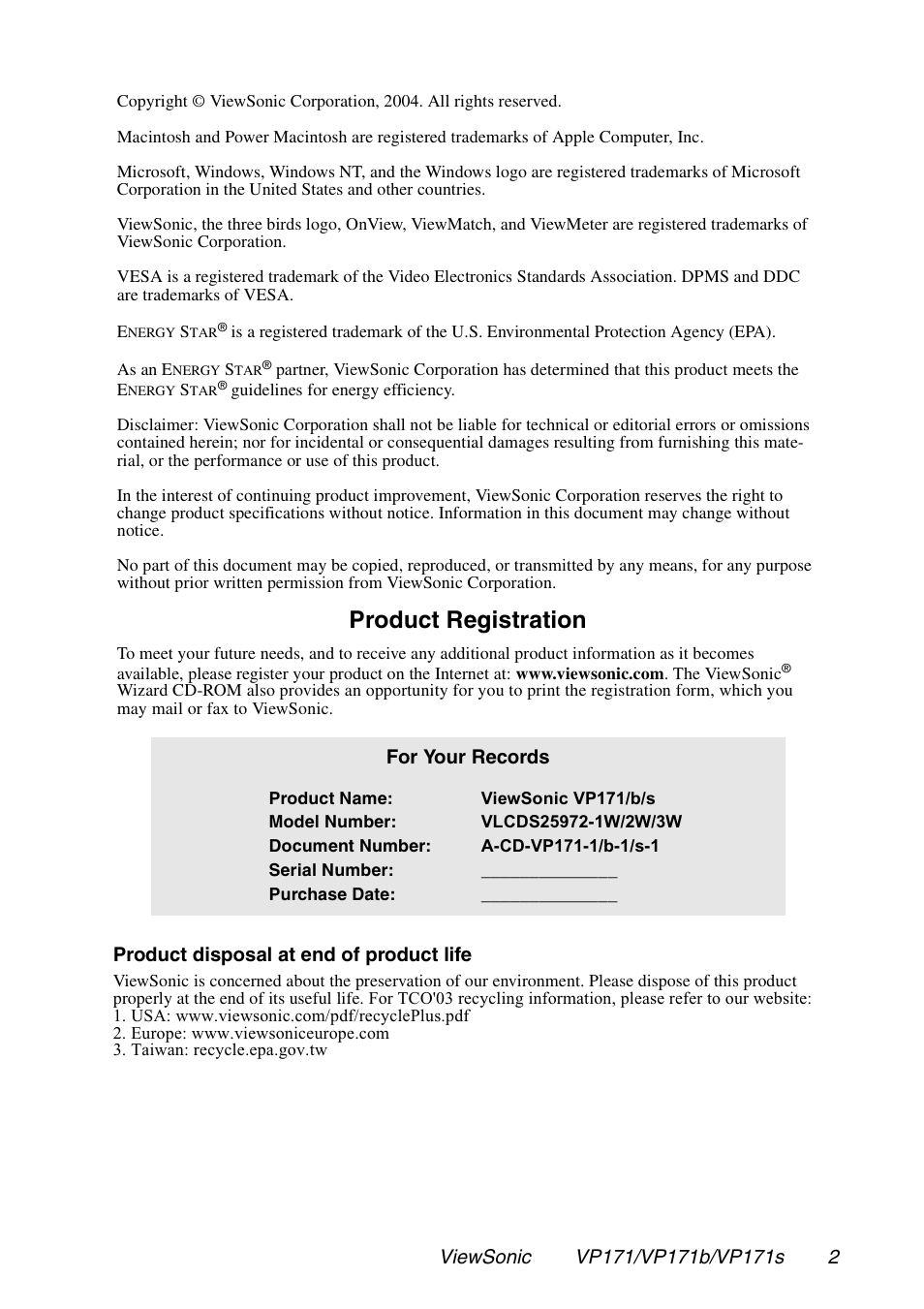 Product registration, For your records | VIEWSONIC VP171 User Manual | Page 3 / 22