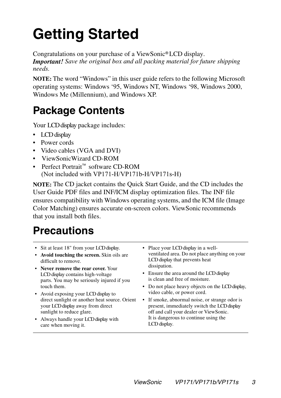 Getting started, Package contents, Precautions | VIEWSONIC VP171 User Manual | Page 4 / 22