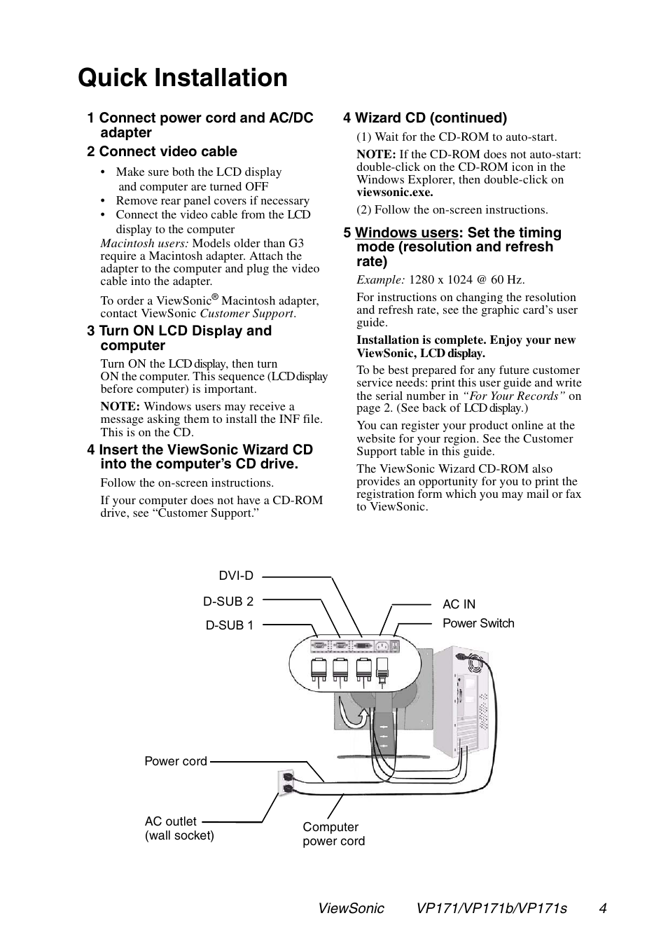 Quick installation | VIEWSONIC VP171 User Manual | Page 5 / 22