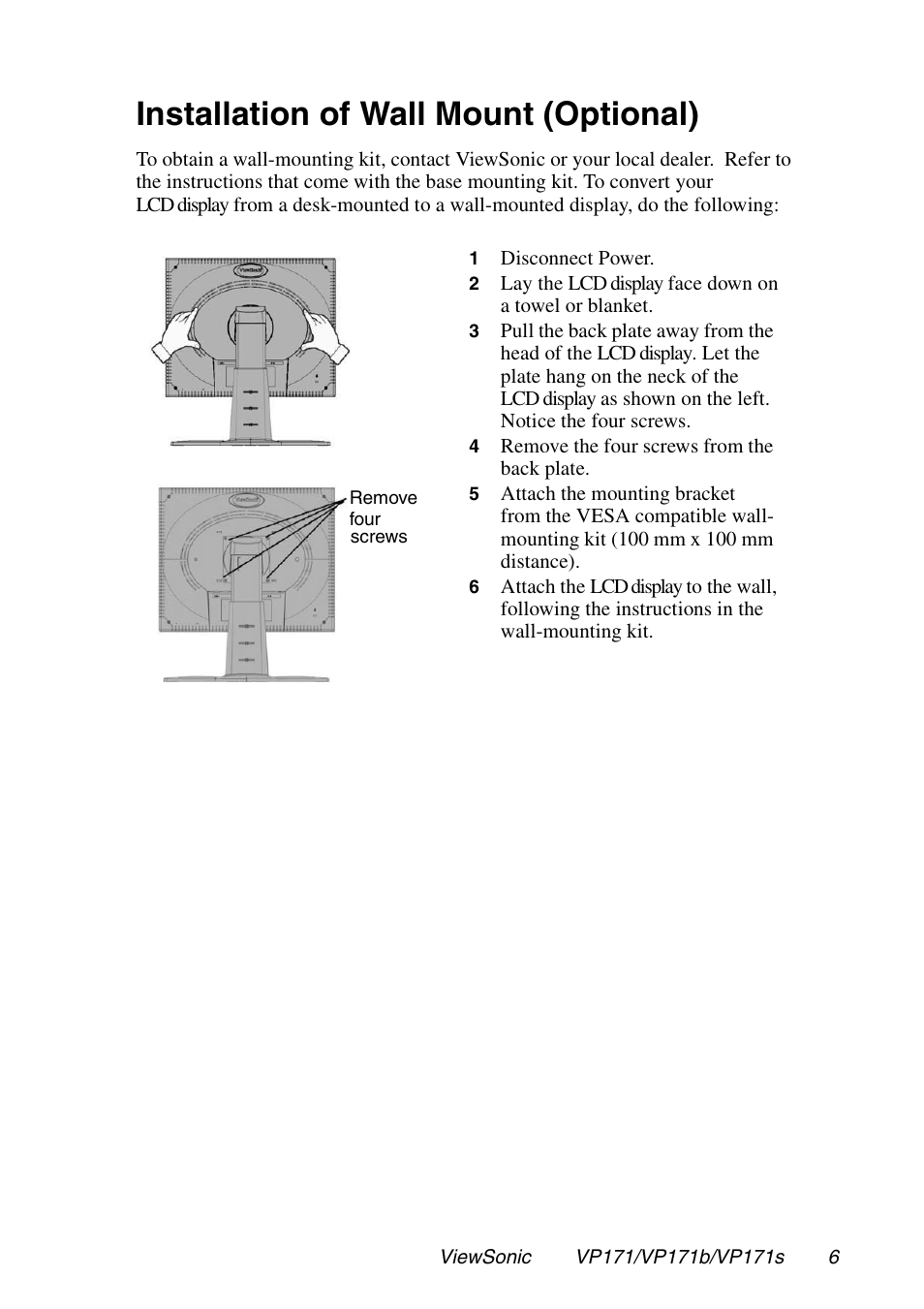 Installation of wall mount (optional) | VIEWSONIC VP171 User Manual | Page 7 / 22