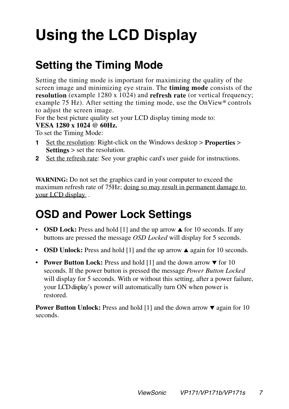 Using the lcd display, Setting the timing mode, Osd and power lock settings | VIEWSONIC VP171 User Manual | Page 8 / 22