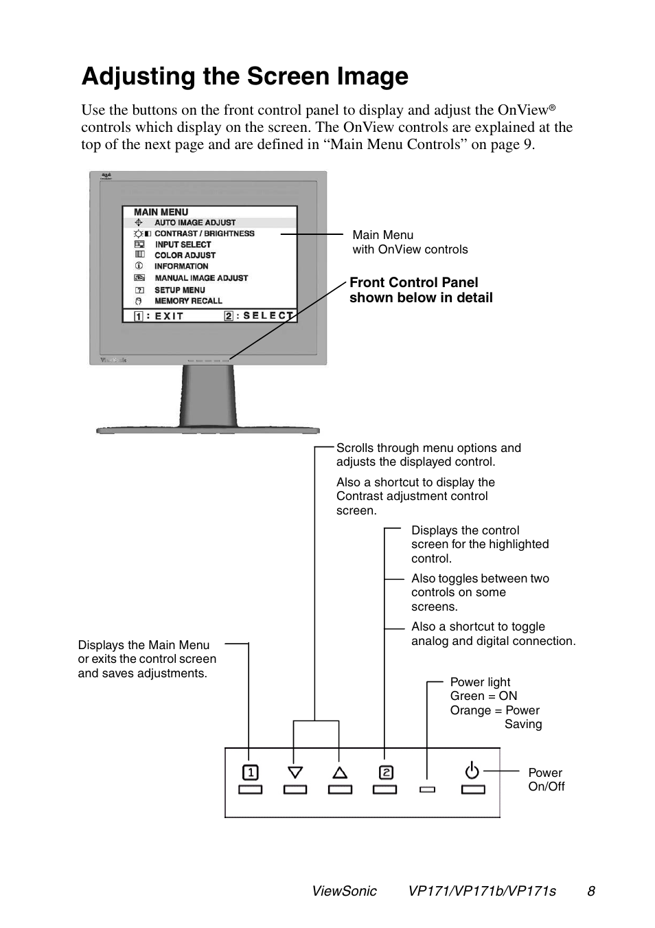 Adjusting the screen image | VIEWSONIC VP171 User Manual | Page 9 / 22