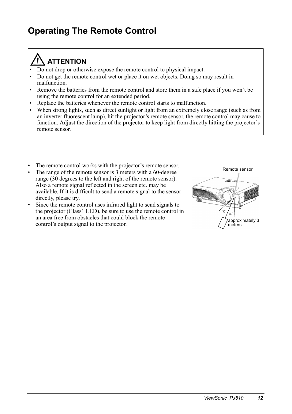 Operating the remote control, Attention | VIEWSONIC PJ510 User Manual | Page 15 / 49