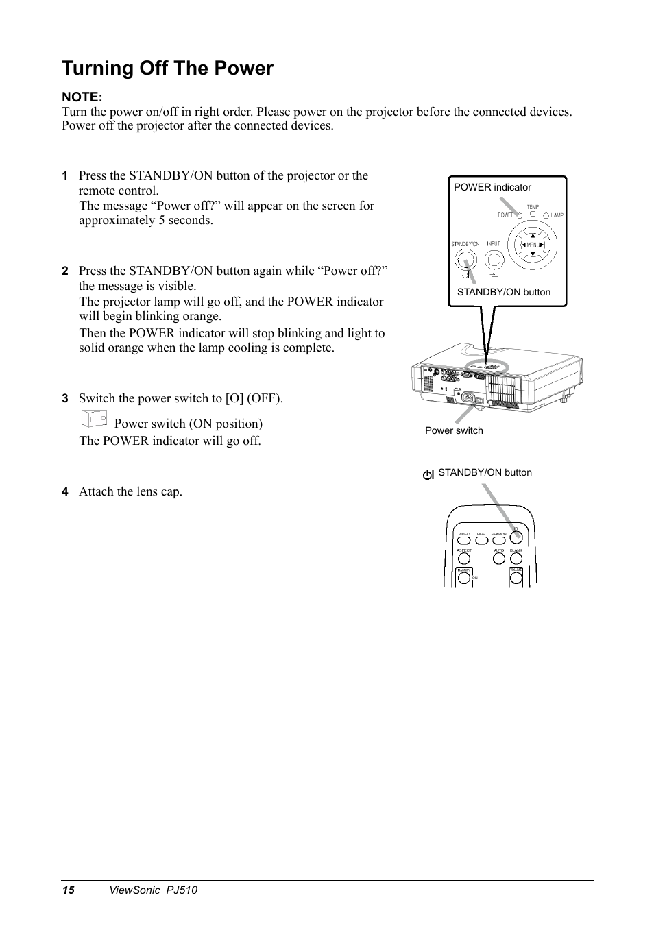 Turning off the power, Note, 3 switch the power switch to [o] (off) | 4 attach the lens cap | VIEWSONIC PJ510 User Manual | Page 18 / 49