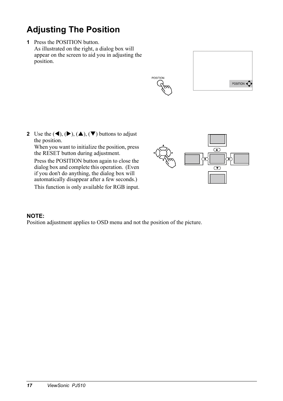 Adjusting the position, 1 press the position button, Note | VIEWSONIC PJ510 User Manual | Page 20 / 49
