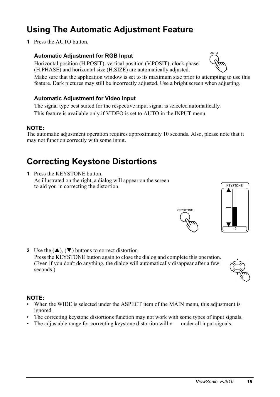 Using the automatic adjustment feature, 1 press the auto button, Note | Correcting keystone distortions, 1 press the keystone button, 2 use the (p), (q) buttons to correct distortion, Operating (continued) | VIEWSONIC PJ510 User Manual | Page 21 / 49
