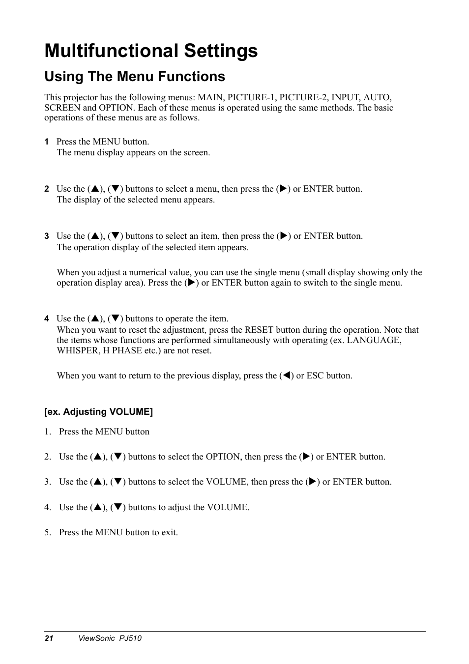 Multifunctional settings, Using the menu functions, 1 press the menu button | 4 use the (p), (q) buttons to operate the item, Ex. adjusting volume | VIEWSONIC PJ510 User Manual | Page 24 / 49
