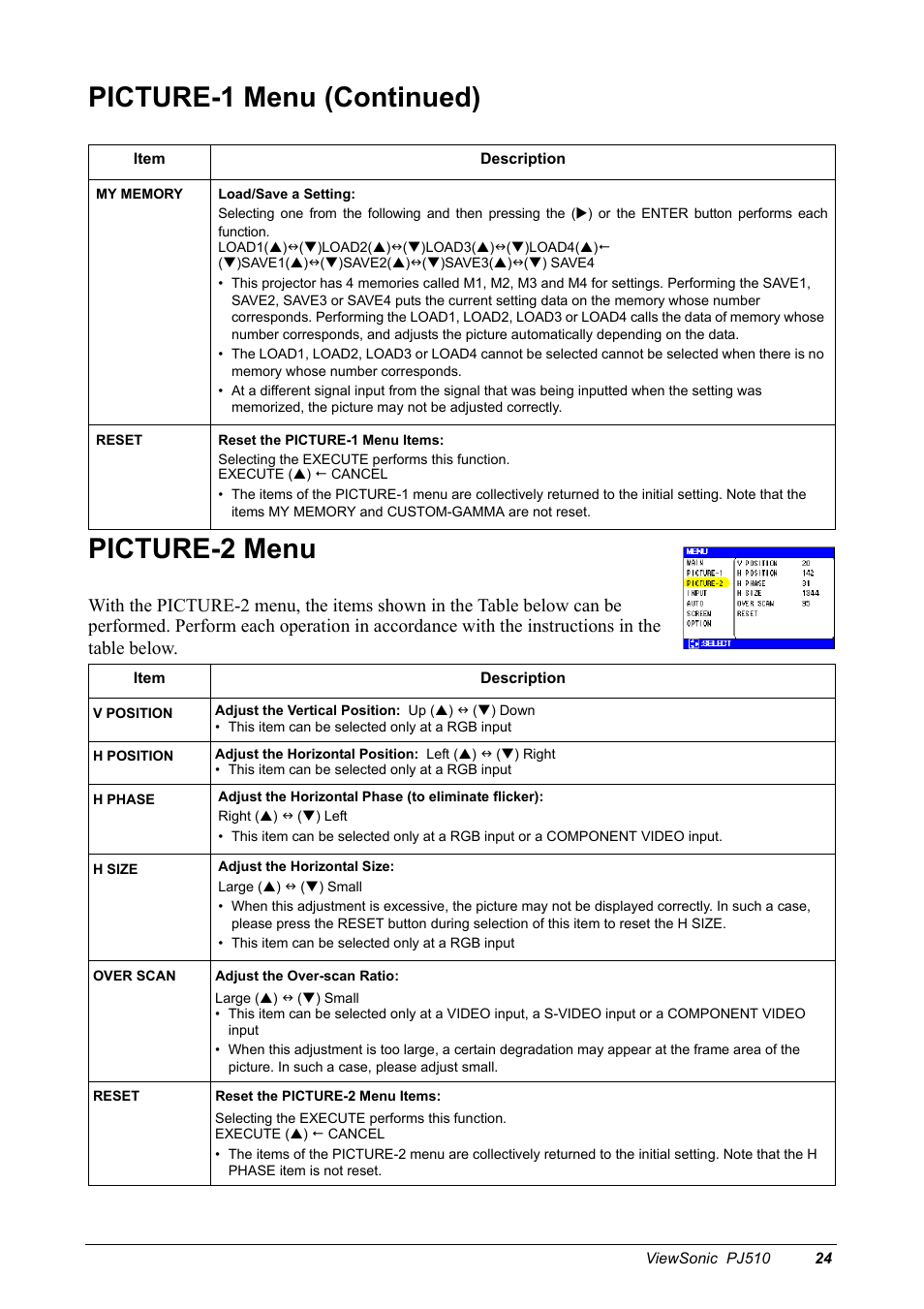 Picture-2 menu, Picture-1 menu (continued) picture-2 menu | VIEWSONIC PJ510 User Manual | Page 27 / 49