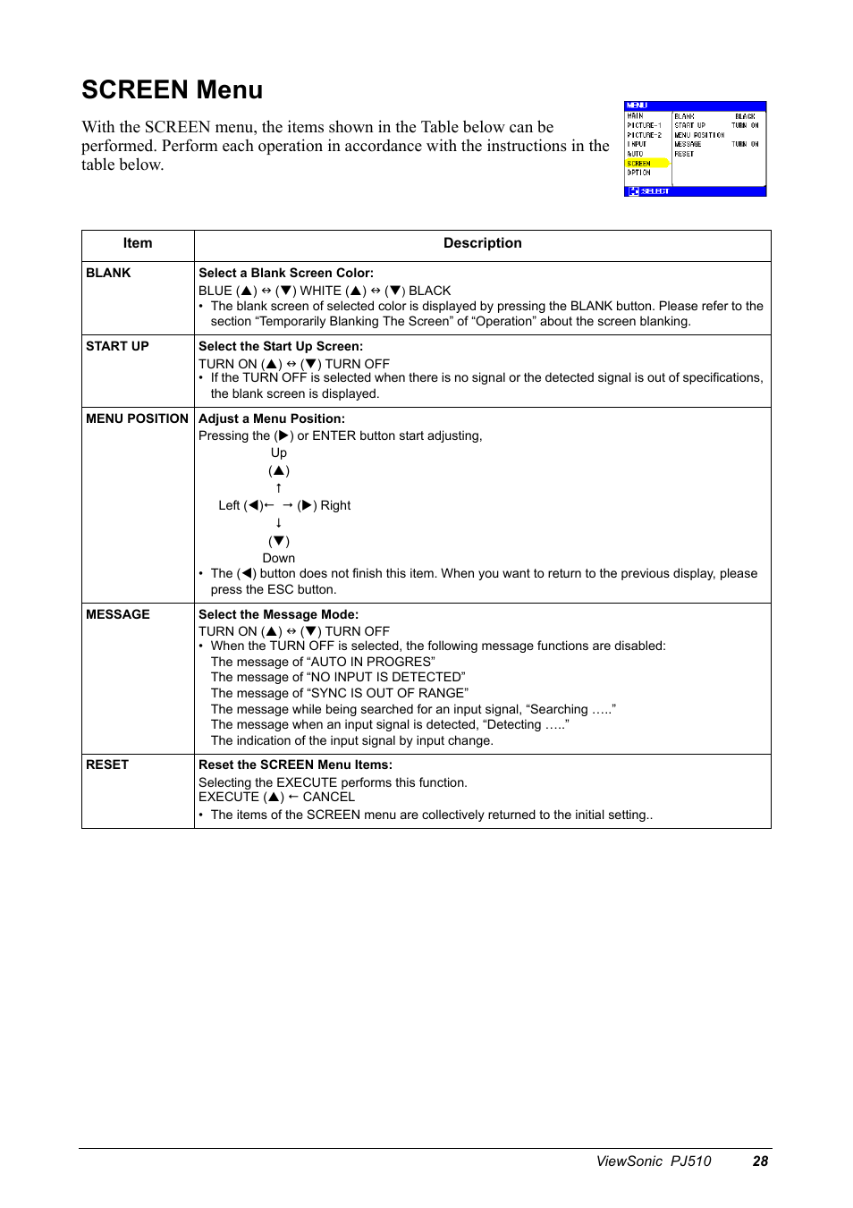 Screen menu | VIEWSONIC PJ510 User Manual | Page 31 / 49