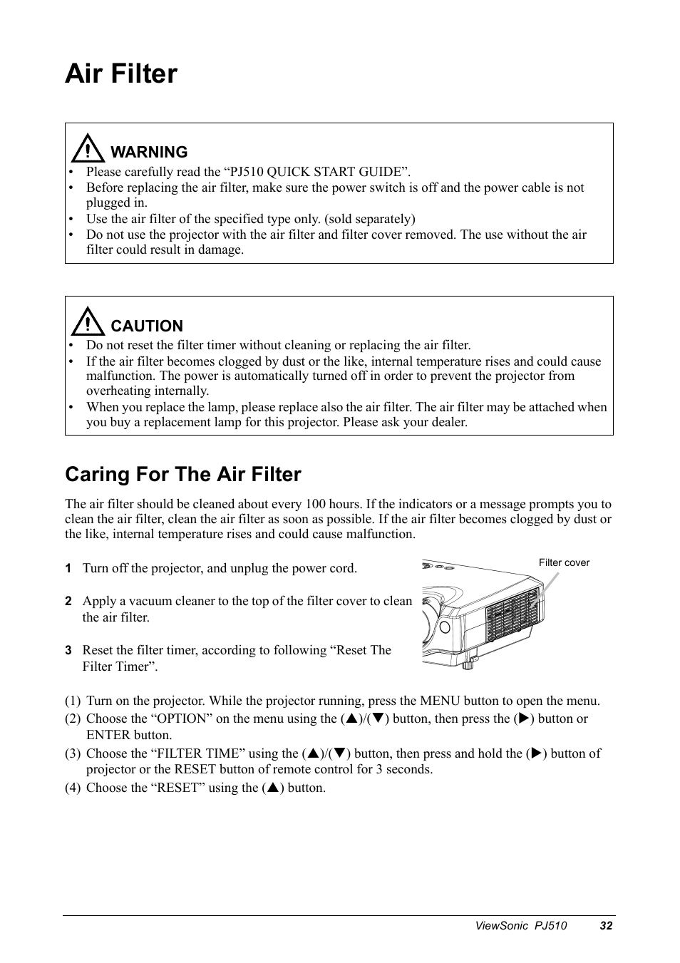 Air filter, Caring for the air filter | VIEWSONIC PJ510 User Manual | Page 35 / 49