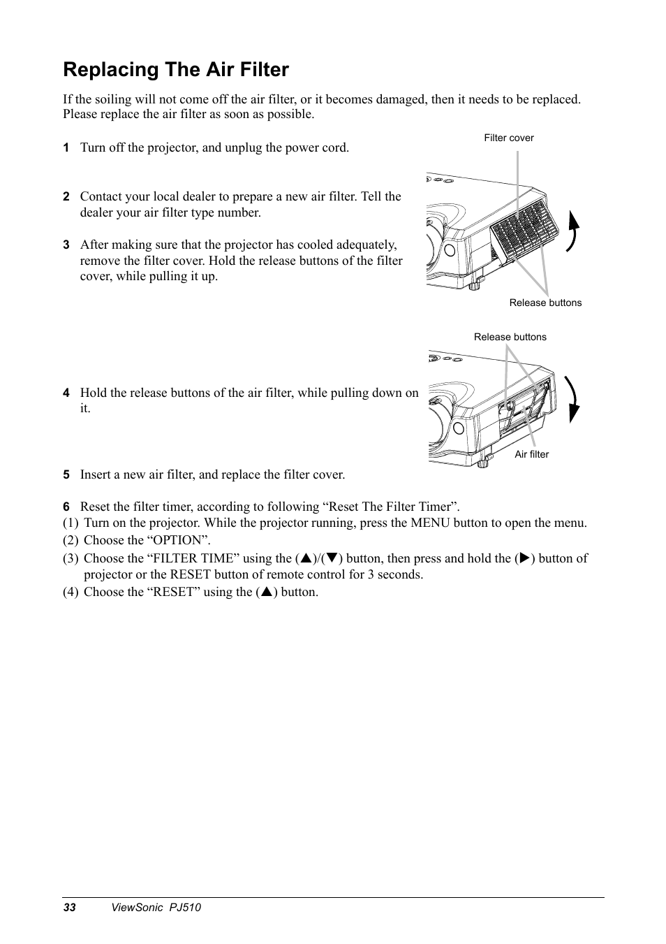 Replacing the air filter | VIEWSONIC PJ510 User Manual | Page 36 / 49