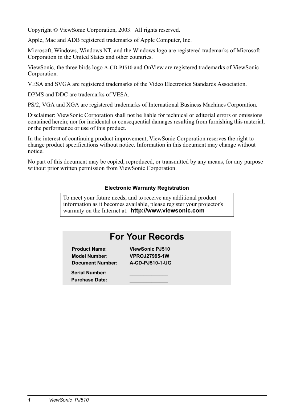 For your records | VIEWSONIC PJ510 User Manual | Page 4 / 49