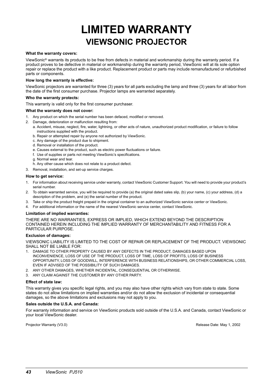 Limited warranty, Viewsonic projector | VIEWSONIC PJ510 User Manual | Page 46 / 49