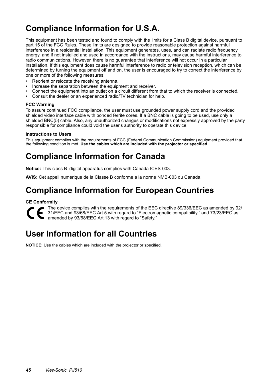 Compliance information for u.s.a, Compliance information for canada, Compliance information for european countries | Ce conformity, User information for all countries | VIEWSONIC PJ510 User Manual | Page 48 / 49