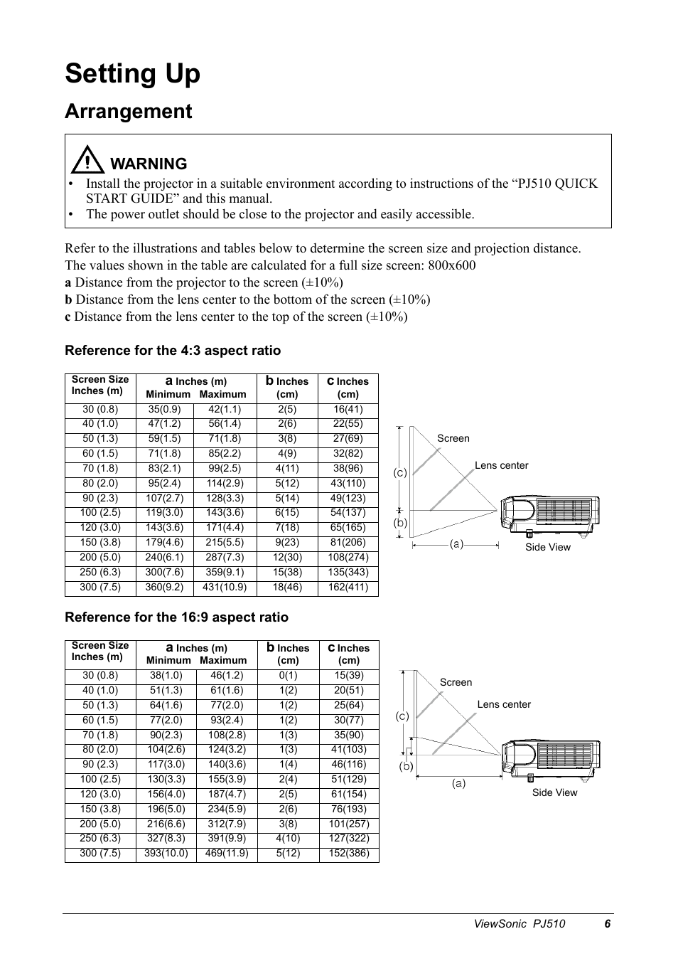 Setting up, Arrangement, Reference for the 4:3 aspect ratio | Reference for the 16:9 aspect ratio, Warning | VIEWSONIC PJ510 User Manual | Page 9 / 49