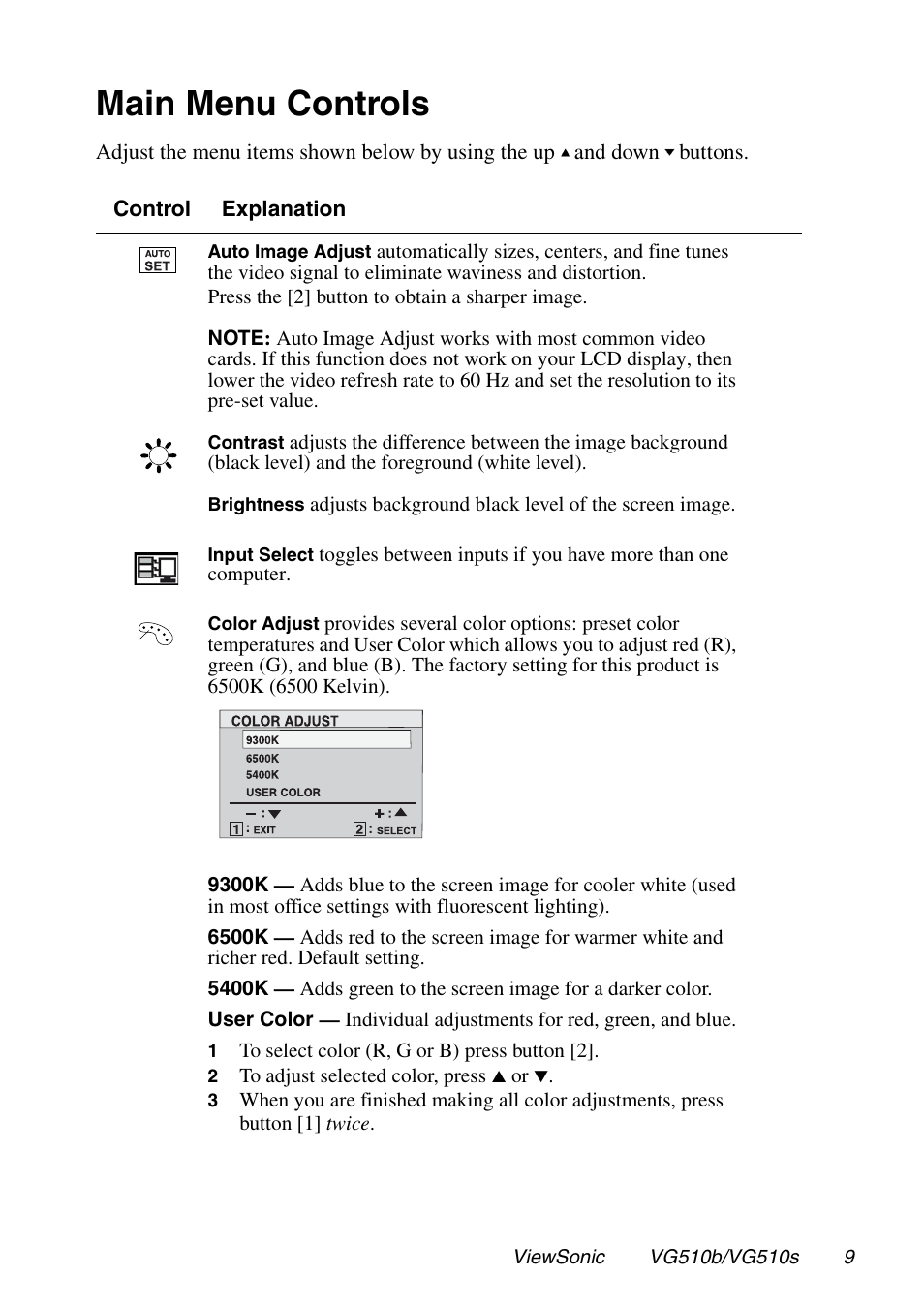 Main menu controls | VIEWSONIC G510b User Manual | Page 10 / 20