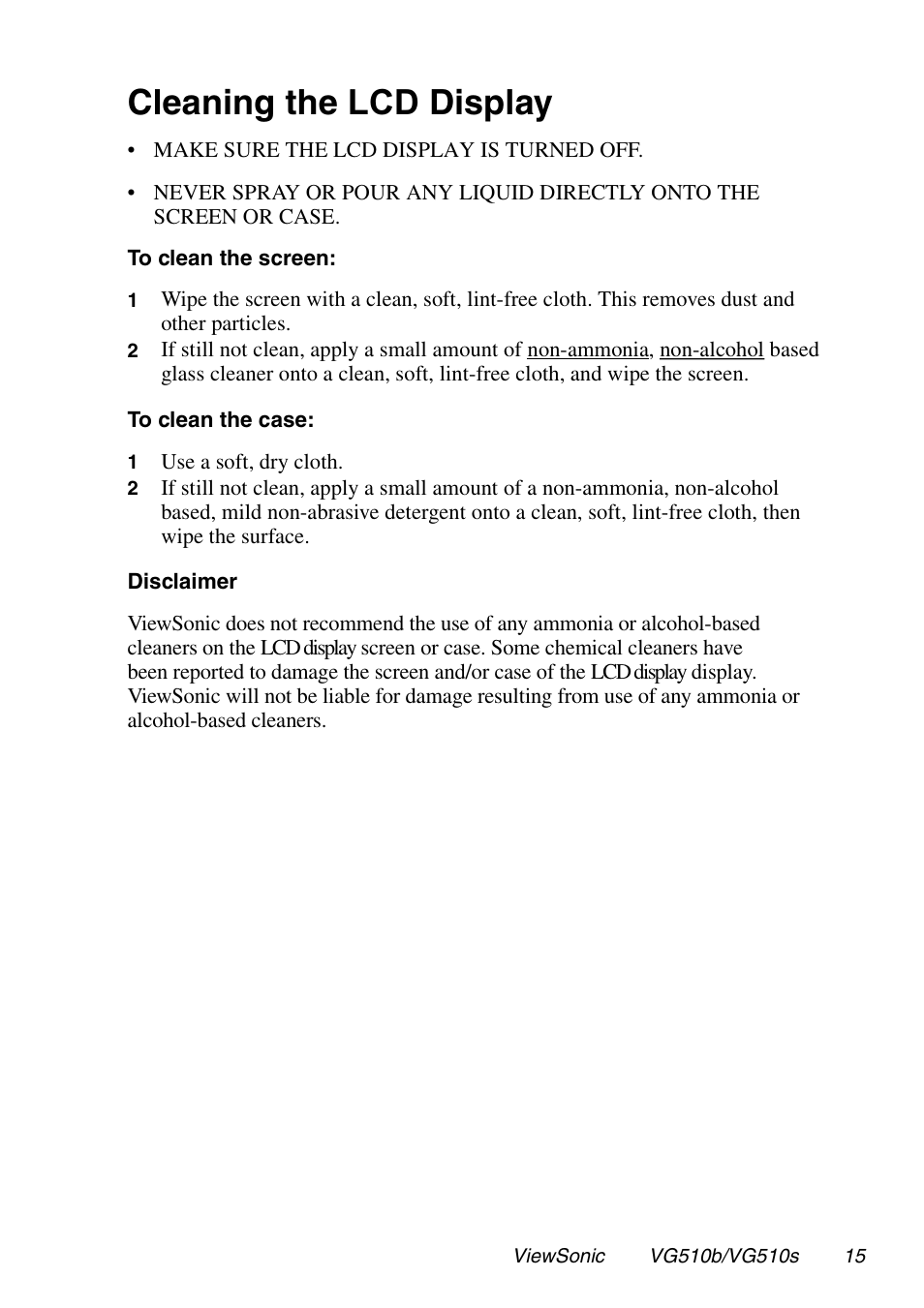 Cleaning the lcd display | VIEWSONIC G510b User Manual | Page 16 / 20