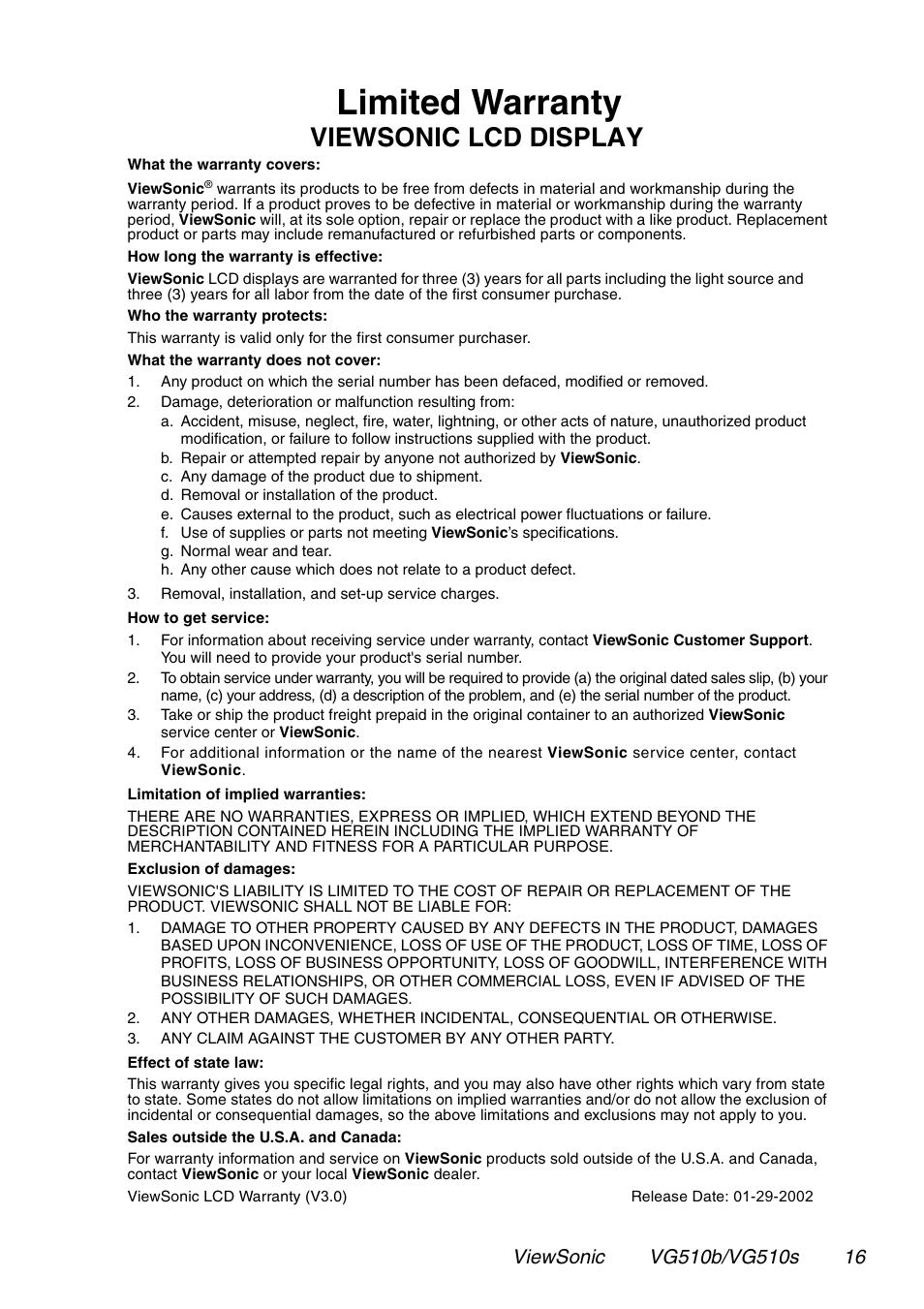 Limited warranty, Viewsonic lcd display | VIEWSONIC G510b User Manual | Page 17 / 20