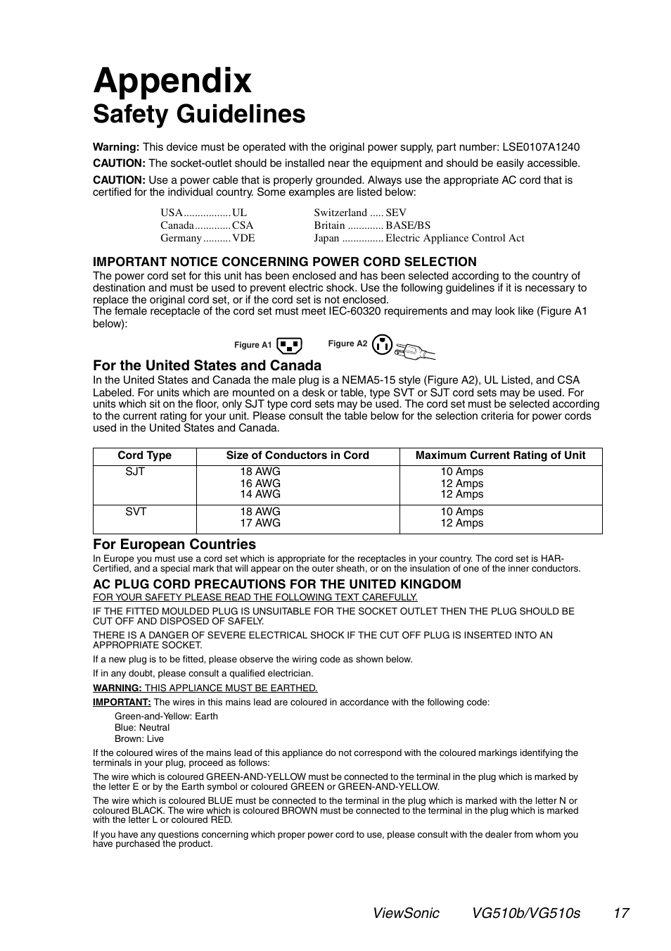 Appendix, Safety guidelines, For the united states and canada | For european countries | VIEWSONIC G510b User Manual | Page 18 / 20