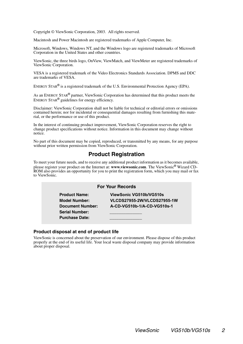 Product registration | VIEWSONIC G510b User Manual | Page 3 / 20