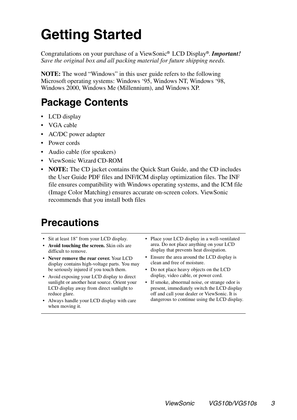 Getting started, Package contents, Precautions | VIEWSONIC G510b User Manual | Page 4 / 20