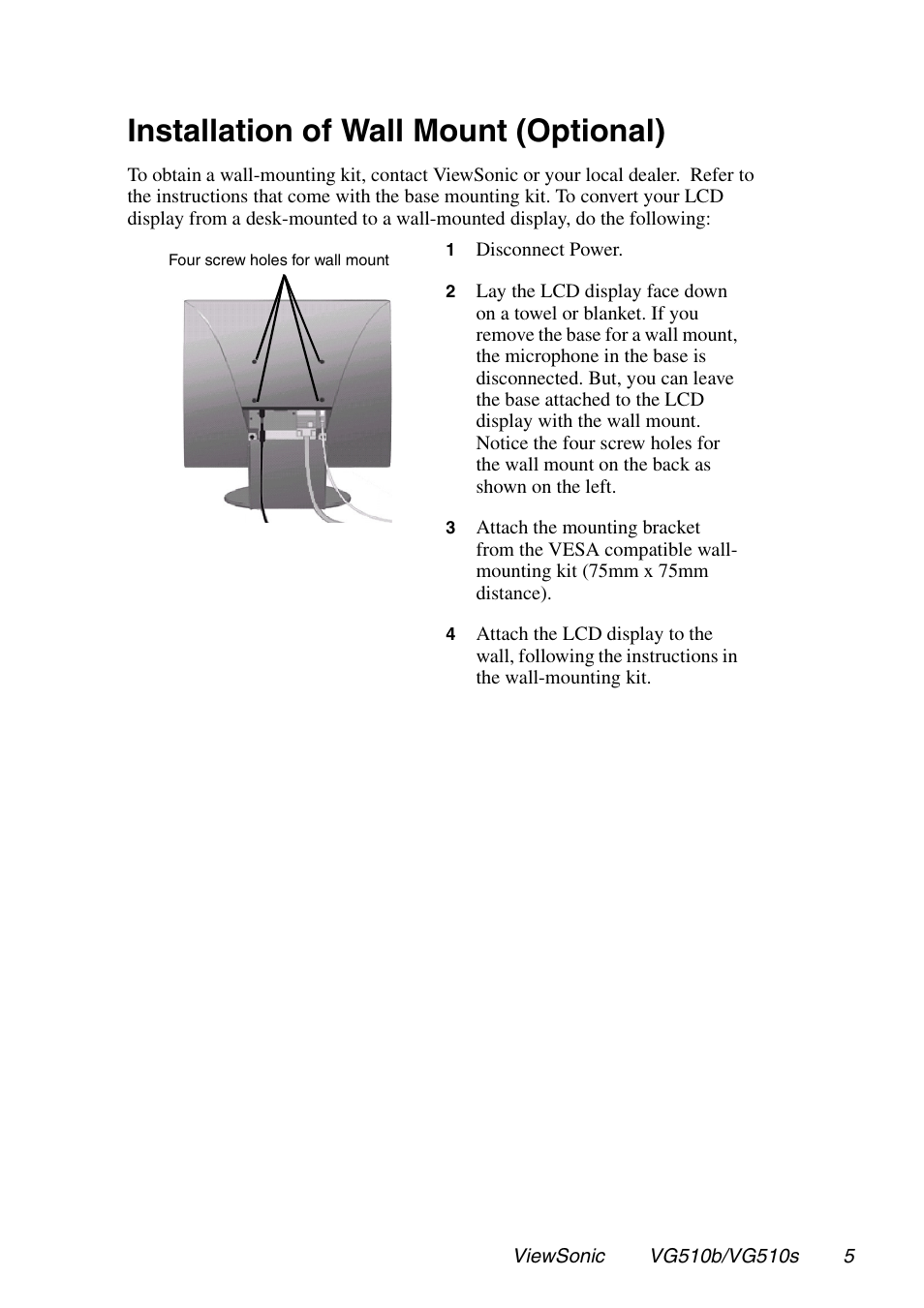 Installation of wall mount (optional) | VIEWSONIC G510b User Manual | Page 6 / 20