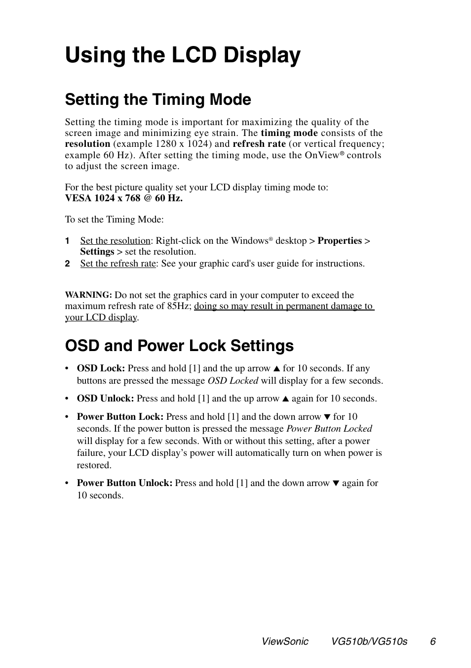 Using the lcd display, Setting the timing mode, Osd and power lock settings | VIEWSONIC G510b User Manual | Page 7 / 20