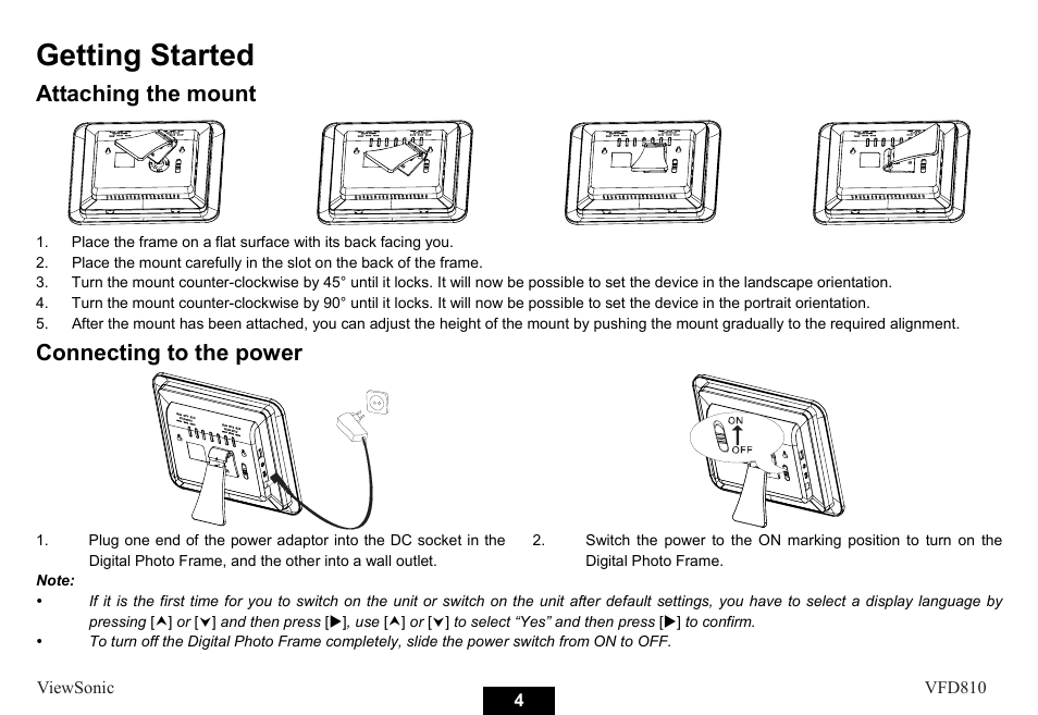 Getting started, Attaching the mount, Connecting to the power | VIEWSONIC VS12978 User Manual | Page 10 / 22