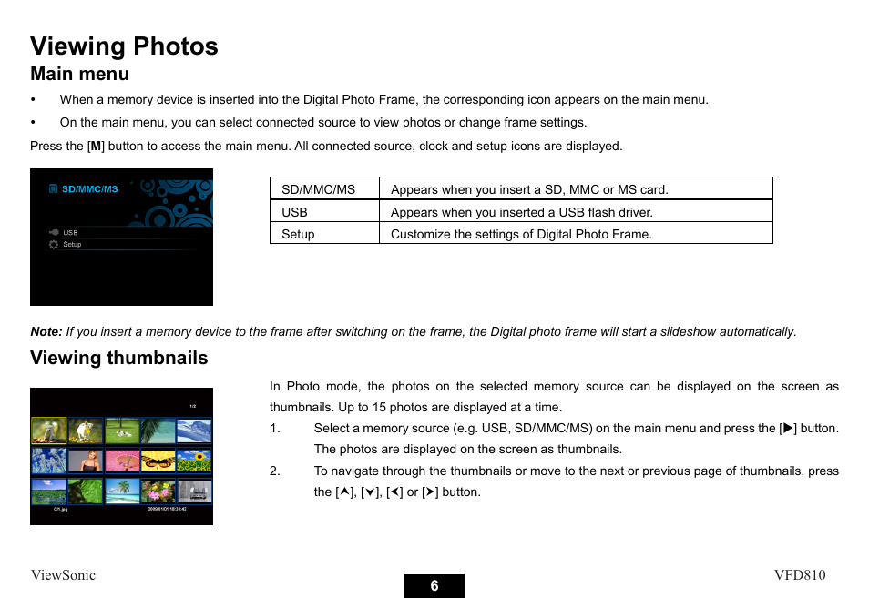 Viewing photos, Main menu, Viewing thumbnails | VIEWSONIC VS12978 User Manual | Page 12 / 22