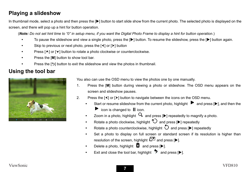 Playing a slideshow, Using the tool bar | VIEWSONIC VS12978 User Manual | Page 13 / 22