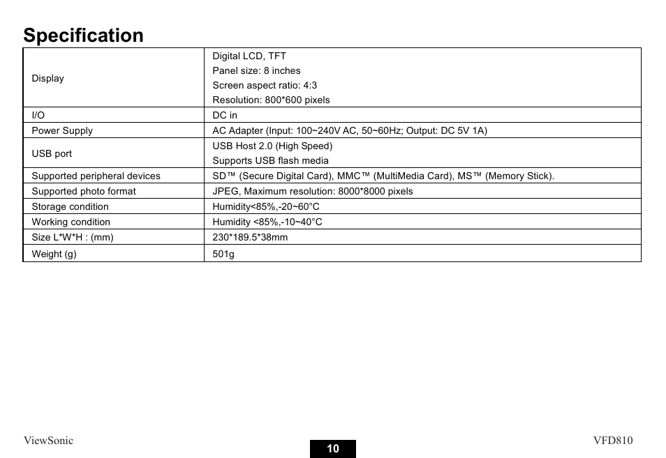 Specification | VIEWSONIC VS12978 User Manual | Page 16 / 22