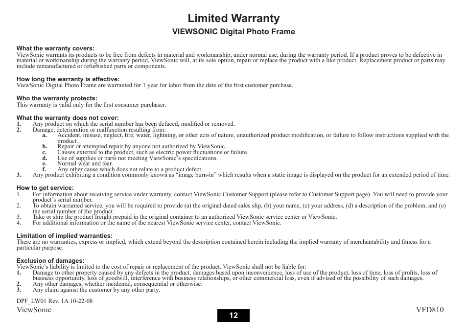 Limited warranty | VIEWSONIC VS12978 User Manual | Page 18 / 22