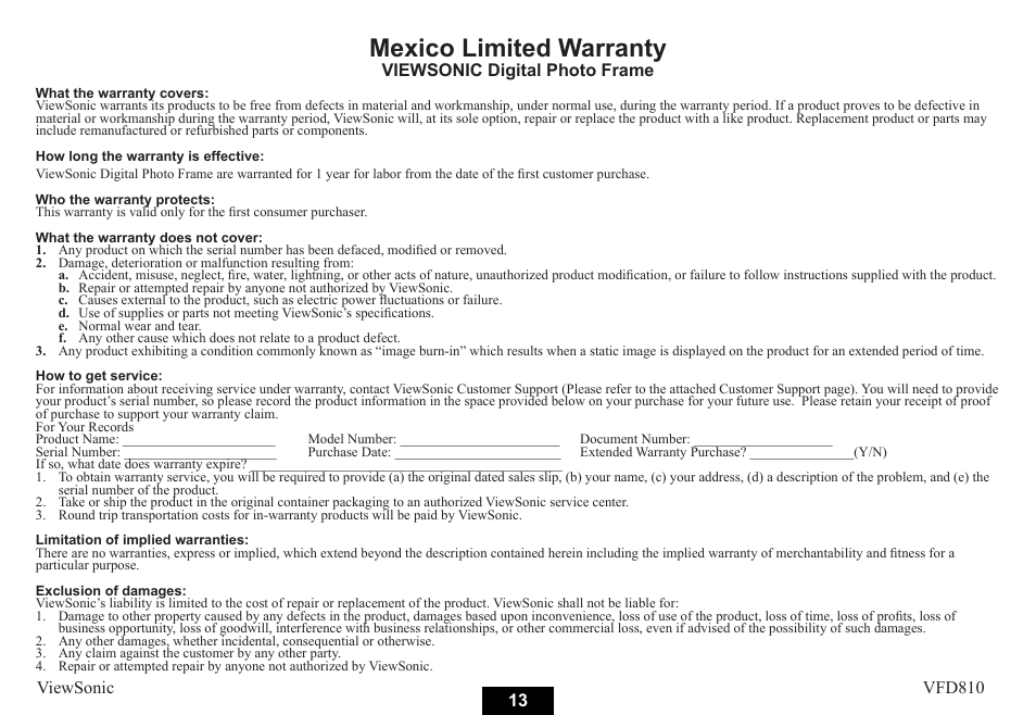 Mexico limited warranty | VIEWSONIC VS12978 User Manual | Page 19 / 22