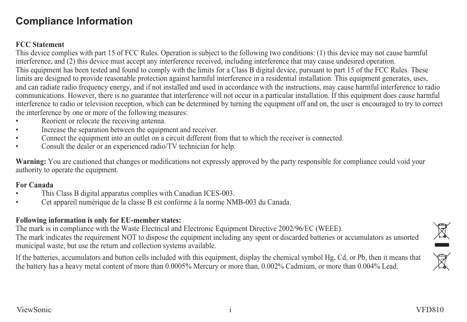 Compliance information | VIEWSONIC VS12978 User Manual | Page 2 / 22
