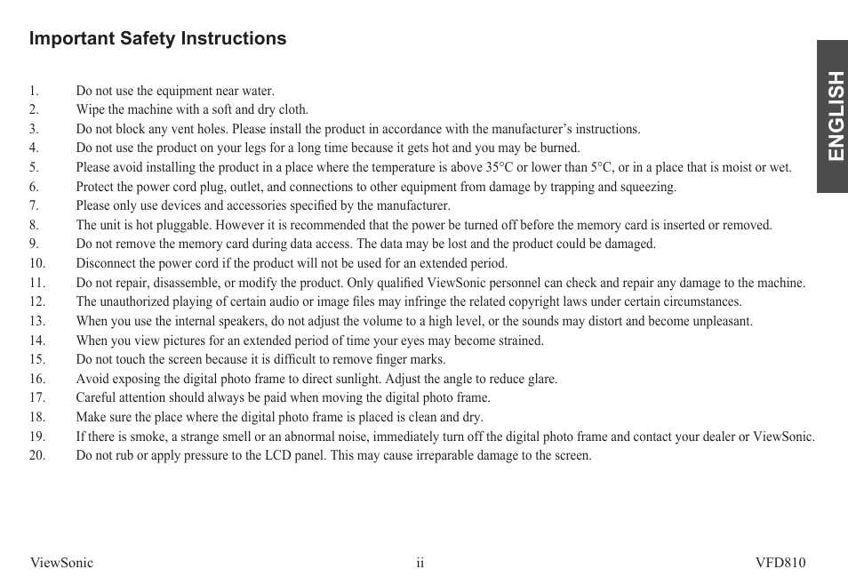 English, Important safety instructions | VIEWSONIC VS12978 User Manual | Page 3 / 22