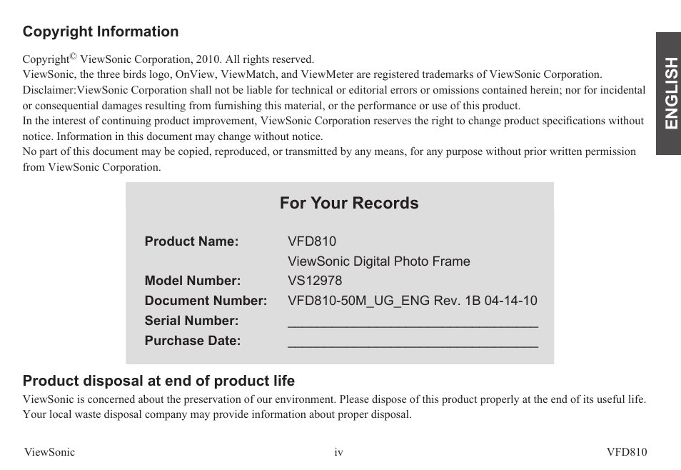 English, For your records | VIEWSONIC VS12978 User Manual | Page 5 / 22