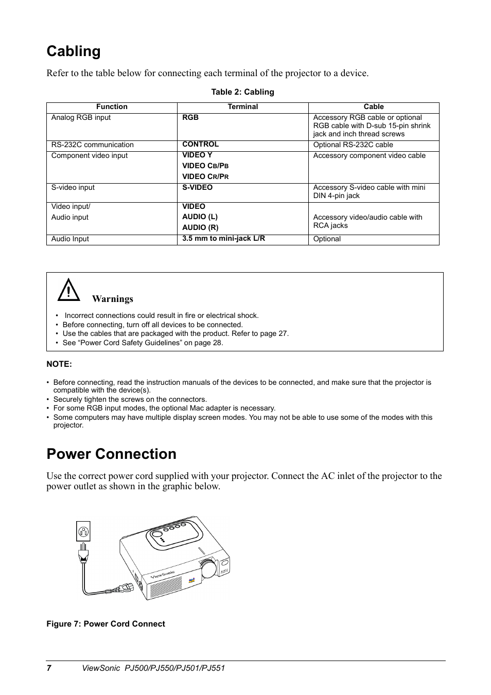 Cabling, Power connection, Warnings | VIEWSONIC PJ500 User Manual | Page 10 / 32