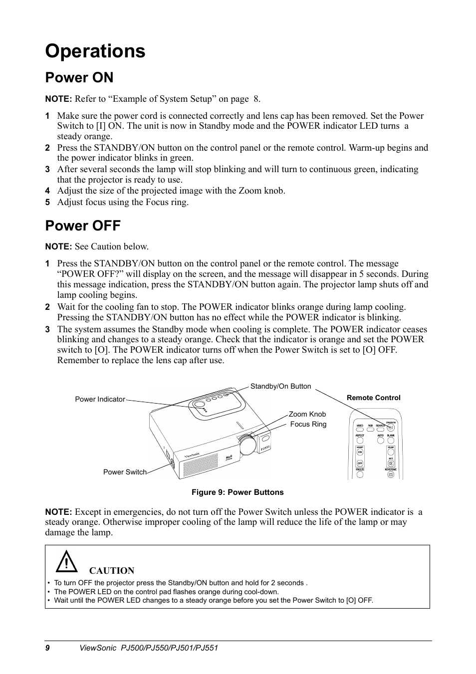 Operations, Power on, Power off | VIEWSONIC PJ500 User Manual | Page 12 / 32