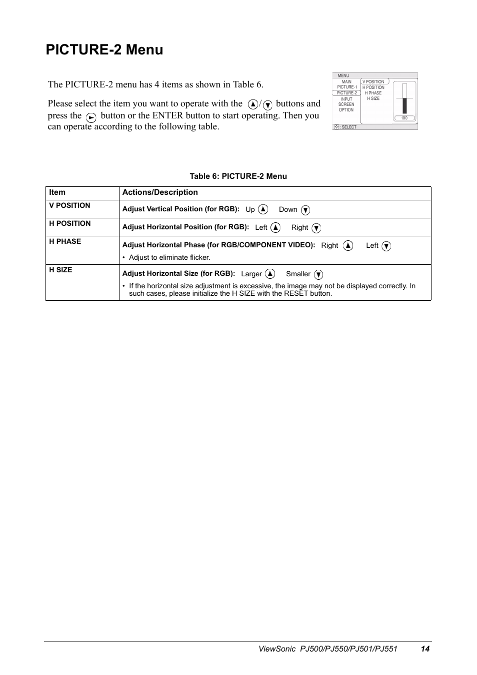 Picture-2 menu | VIEWSONIC PJ500 User Manual | Page 17 / 32