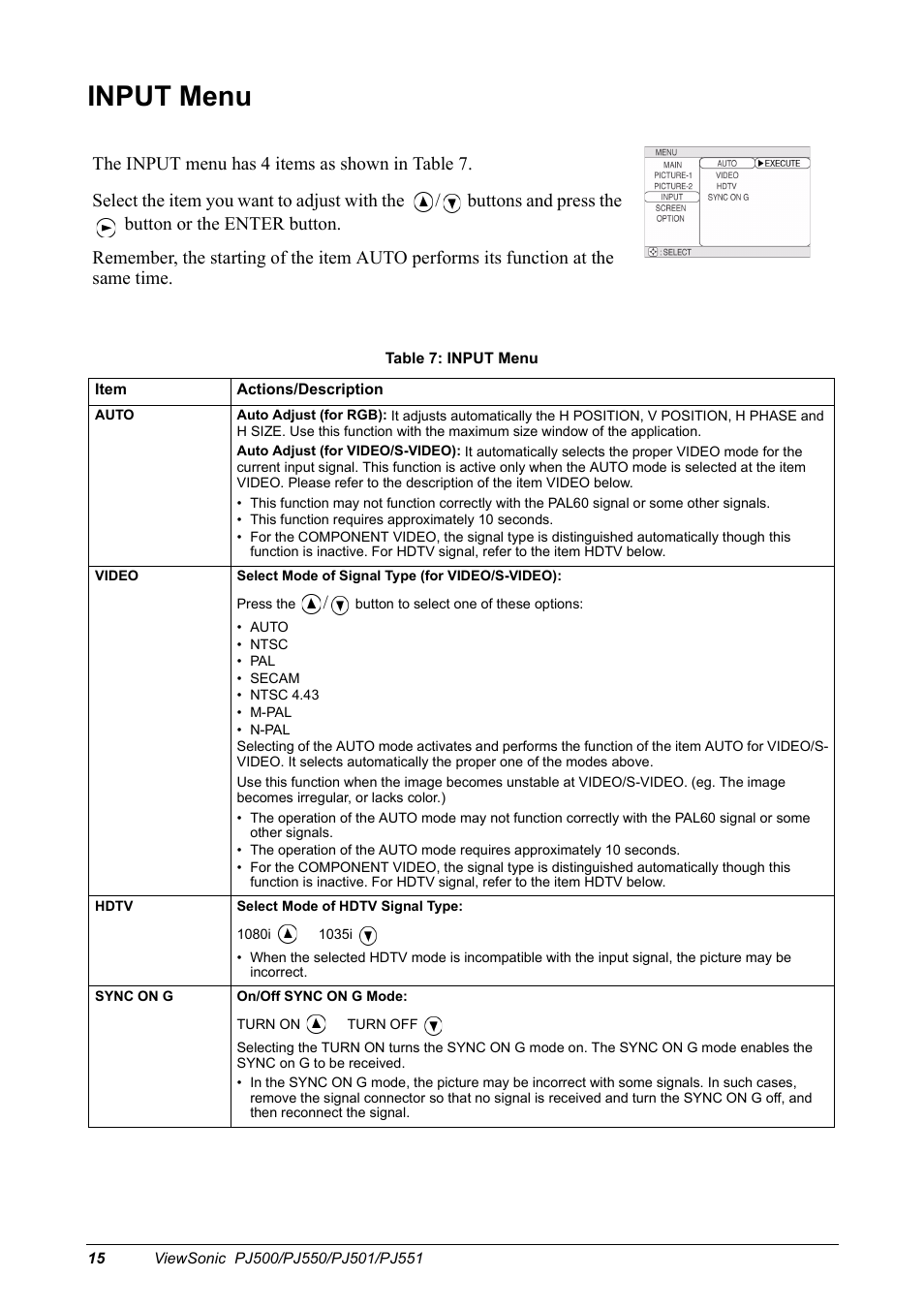 Input menu | VIEWSONIC PJ500 User Manual | Page 18 / 32