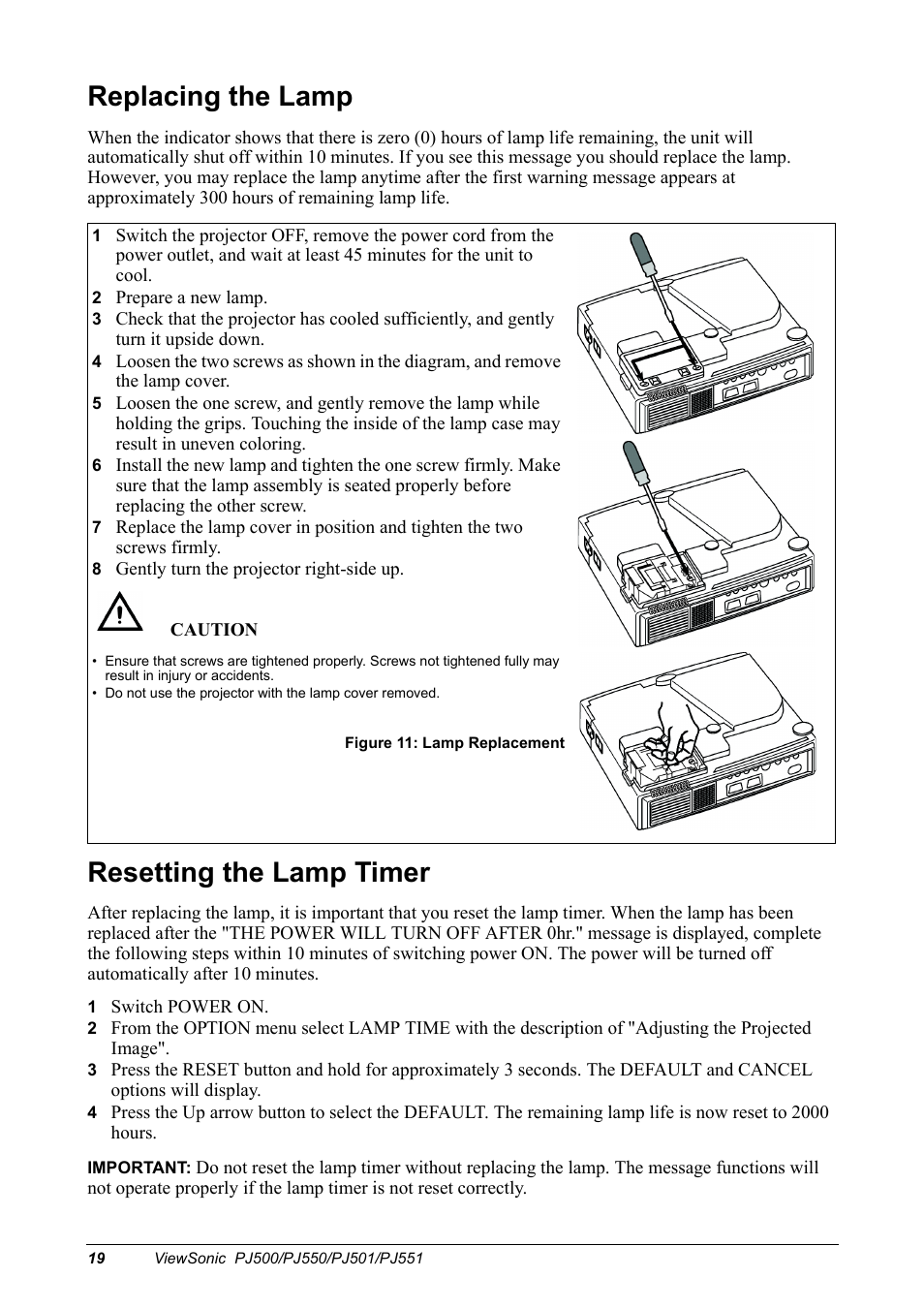 Replacing the lamp, Resetting the lamp timer | VIEWSONIC PJ500 User Manual | Page 22 / 32
