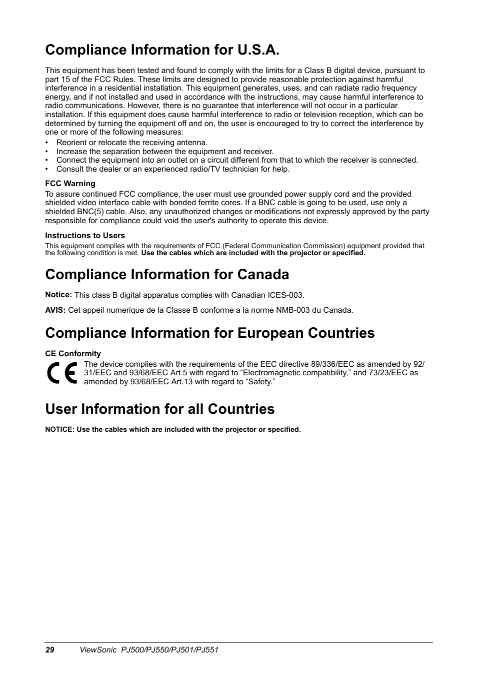 Compliance information for u.s.a, Compliance information for canada, Compliance information for european countries | User information for all countries | VIEWSONIC PJ500 User Manual | Page 32 / 32