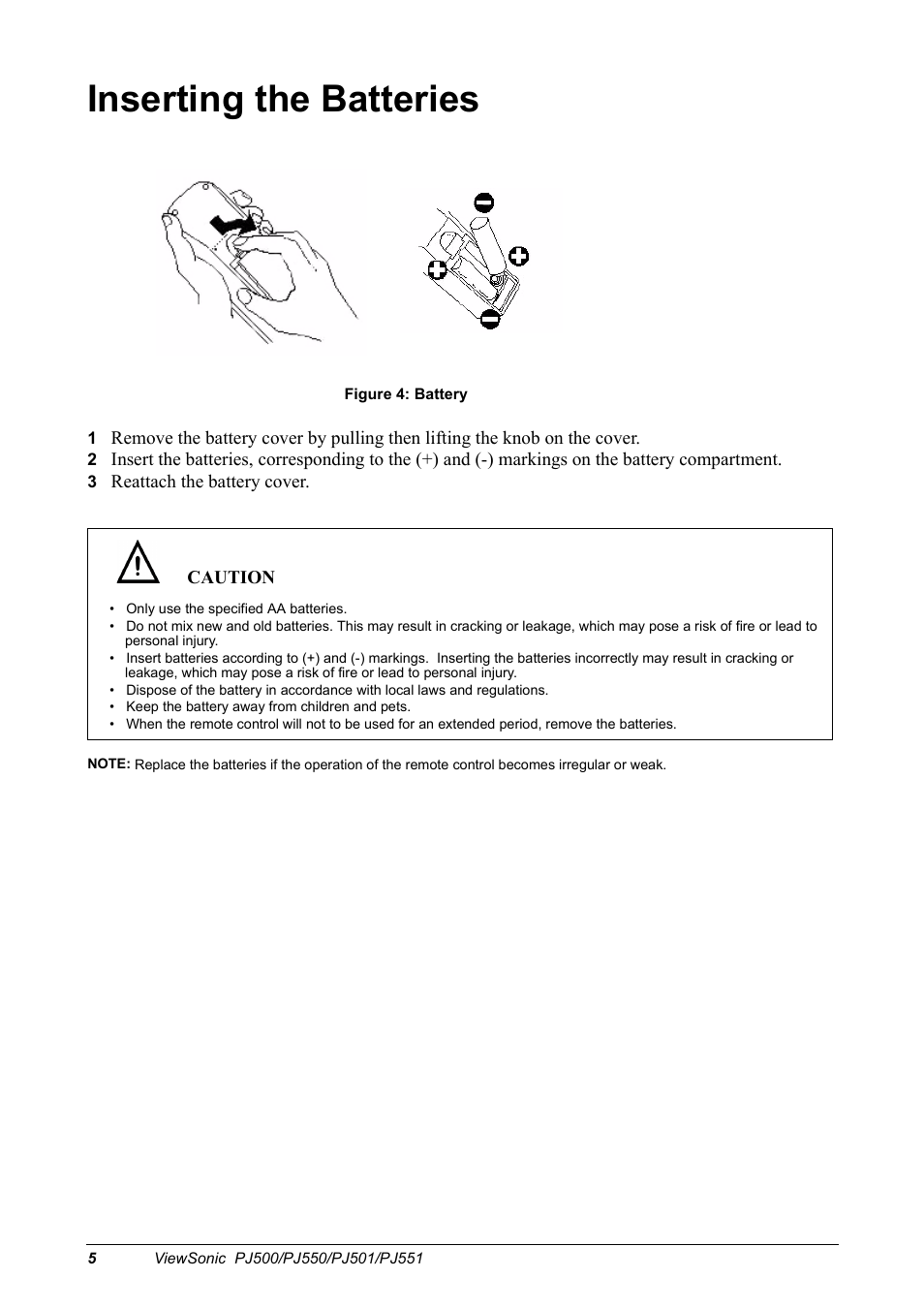 Inserting the batteries | VIEWSONIC PJ500 User Manual | Page 8 / 32