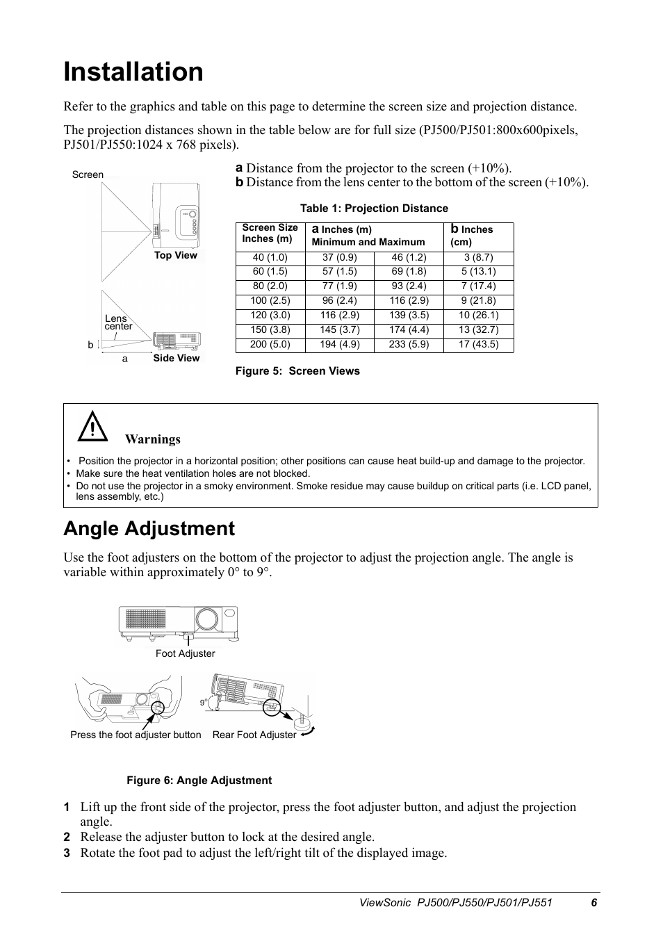 Installation, Angle adjustment | VIEWSONIC PJ500 User Manual | Page 9 / 32