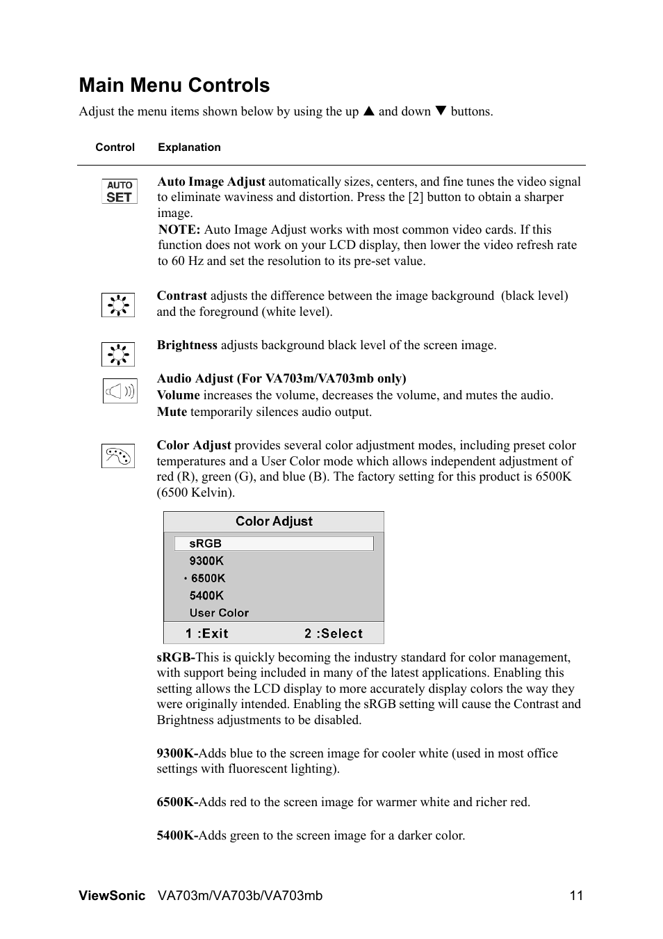 Main menu controls | VIEWSONIC LCD Display VS11280 User Manual | Page 14 / 25