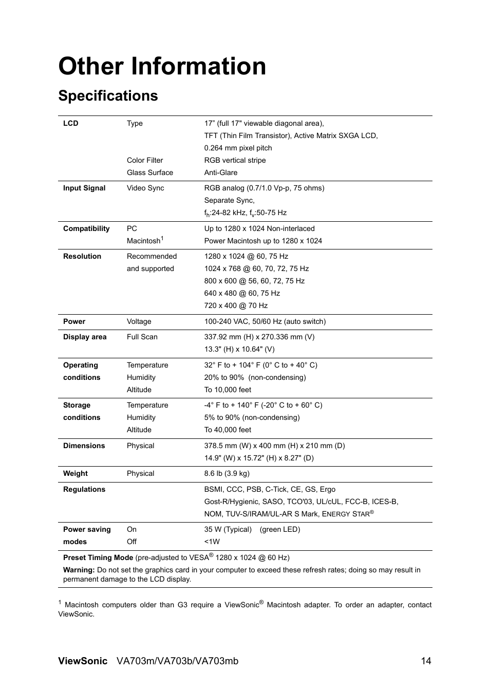 Other information, Specifications | VIEWSONIC LCD Display VS11280 User Manual | Page 17 / 25