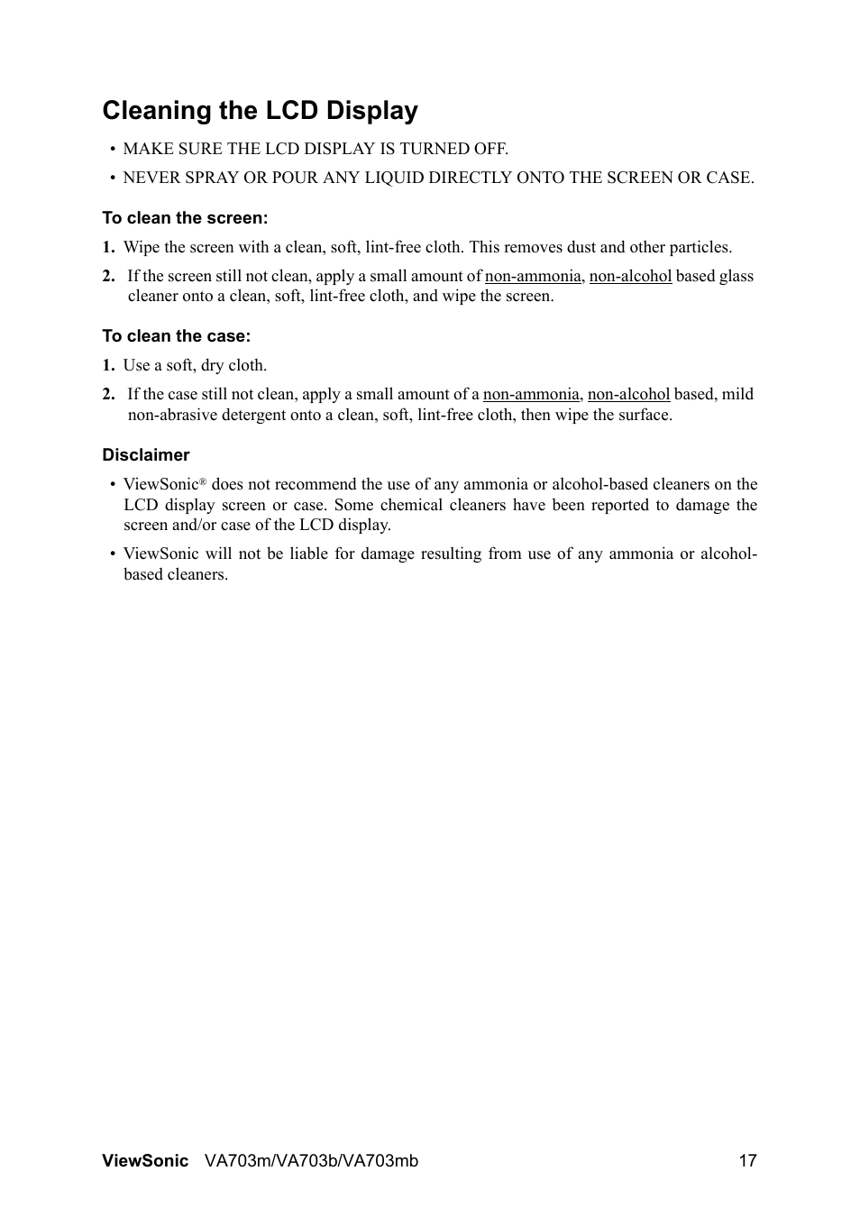 Cleaning the lcd display | VIEWSONIC LCD Display VS11280 User Manual | Page 20 / 25