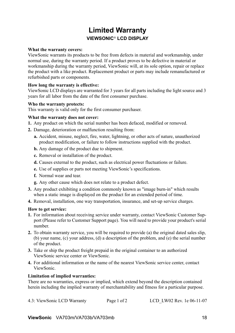 Limited warranty | VIEWSONIC LCD Display VS11280 User Manual | Page 21 / 25